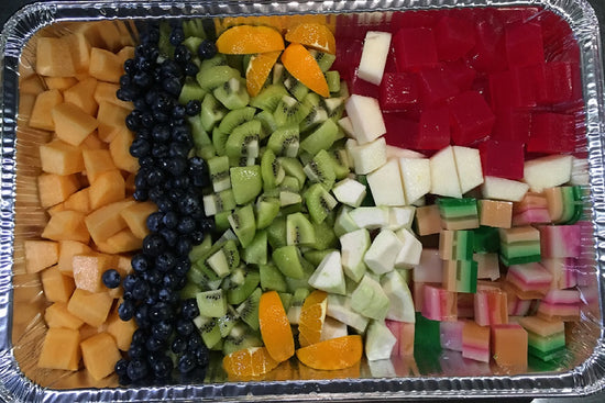 Fruits Platter F - 5KG , Big Aluminium Tray   ( length: 50cm Width: 30cm) 
Mixed fruits:
Rockmelon|NZ Green Kiwi|Blueberry|Honeydew|Jelly
Deco: Orange
